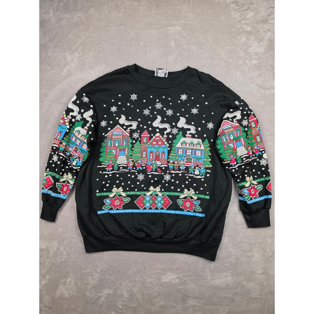 Vintage YS Studio Sweatshirt Womens 2X Black Christmas Village Made in USA